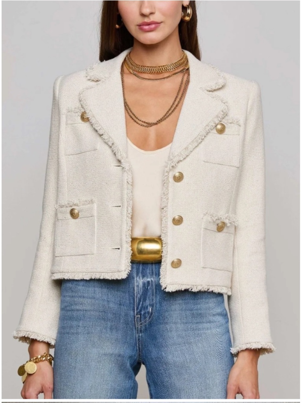 L'Agence Sylvia Collard Jacket Tweed Blazer Ivory Gold Fringe With Tags - Size 0 - Picture 1 of 9